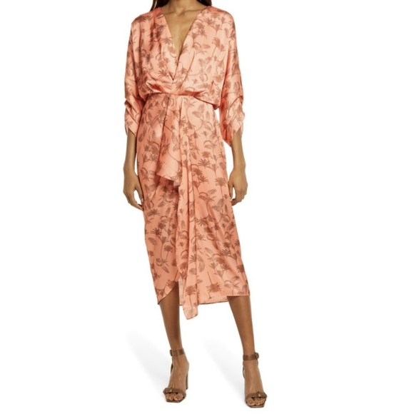 Significant Other Tropical Print Sunset Satin Midi Dress Draped Plunging - Picture 5 of 14